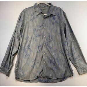 Tommy Bahama Mens Button-Up Shirt XL Gray & Blue Floral Print Tencel/Cotton